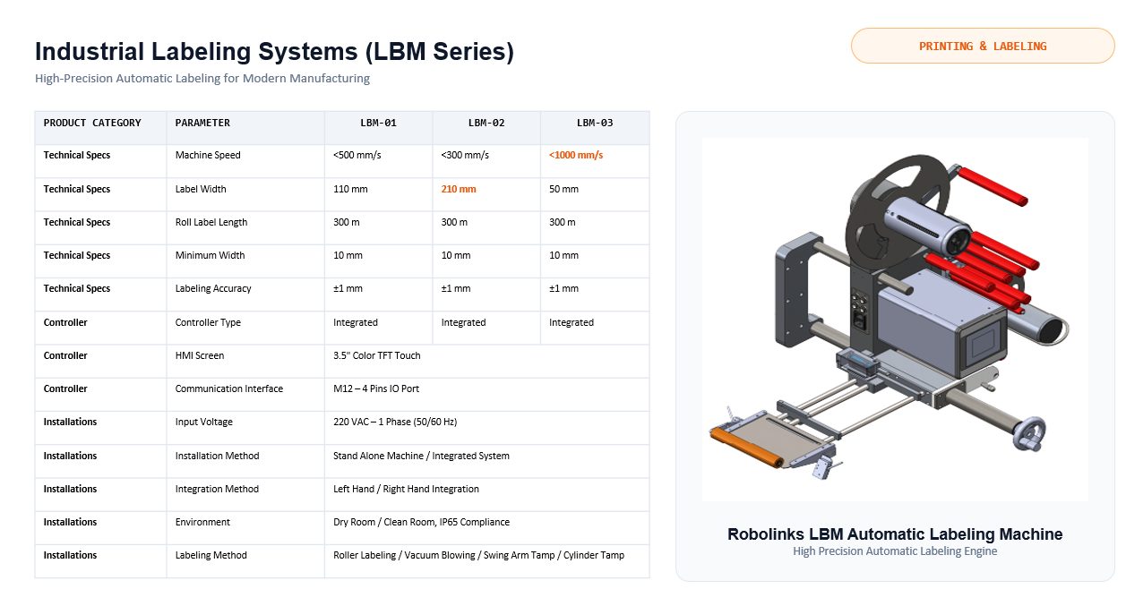 Bảng thông số máy dán nhãn tự động LBM-01, LBM-02 và LBM-03