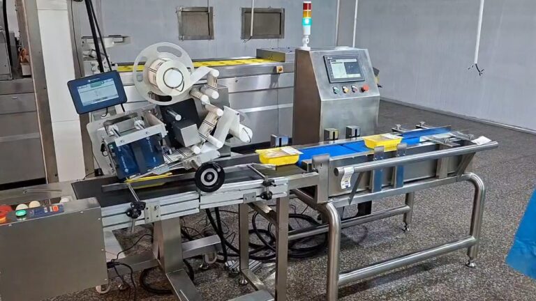 Hệ cân động và in dán nhãn TTO Domino trên băng tải khay sản phẩm tại Robolinks