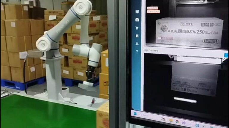 Giao diện camera kiểm tra ngày trên thùng hàng cạnh robot và băng tải